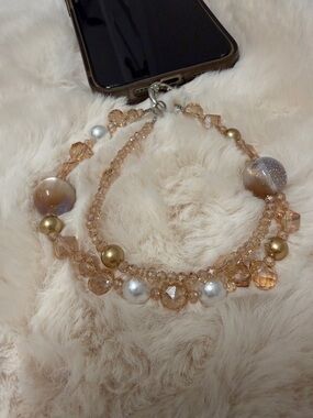 Elegant Peach Crystal Beaded Wristlet Phone Handle